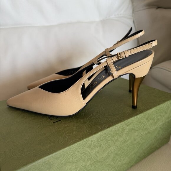 NEW Gucci Metal Heel Slingback Pumps Sz 37.5 100% Authentic Nude - Picture 4 of 10
